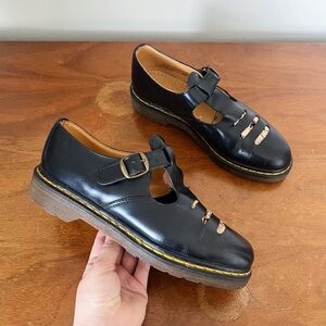 Dr Martens • vintage t-strap mary jane black leather cutout MIE platform